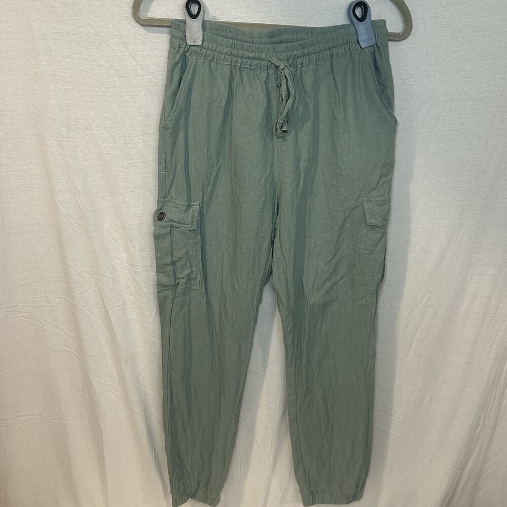 Love Tree Linen Pants Jogger Womens Med Olive Pull On Cargo Pockets Relaxed